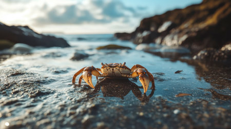 A close-up view of a crab on a rocky shoreline, surrounded by glistening water, showcasing the beauty of marine wildlife in a tranquil coastal environment.の素材