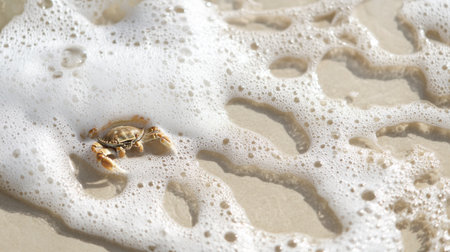 A small crab navigates the sandy beach, surrounded by foamy waves. The serene coastal environment captures the essence of nature and tranquility.の素材