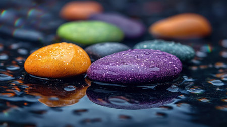A vibrant arrangement of smooth stones in various colors, glistening with water droplets on a reflective surface, creating a serene and calming atmosphere.の素材
