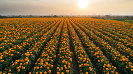 A stunning landscape featuring a vast field of vibrant orange flowers under a warm sunset. The scene captures the beauty of nature, showcasing blooming petals across the horizon.の素材