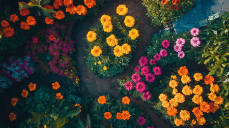 A breathtaking aerial view of a vibrant floral garden filled with colorful blossoms. This image showcases the beauty of nature with a mix of hues and lush greenery.の素材