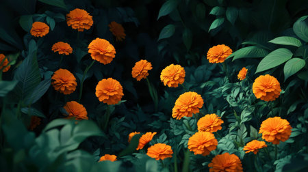 A close-up view of brilliant orange marigolds blooming amidst lush green foliage, creating a serene and vibrant natural setting perfect for nature lovers.の素材