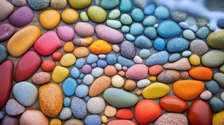 A vibrant collection of smooth, colorful pebbles arranged on a sandy beach, with gentle waves creating a serene and tranquil atmosphere. Perfect for nature and wellness themes.の素材