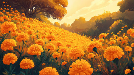 A stunning view of a marigold flower field bathed in warm sunset light, showcasing rich yellow hues against a serene landscape. Perfect for springtime themes.の素材