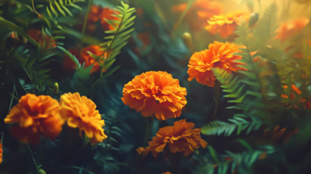 Radiant orange marigolds bloom beautifully among lush green leaves, capturing the essence of nature's vibrant colors. A serene garden scene full of life.の素材