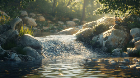 A tranquil stream flows gently through a sunlit forest, surrounded by smooth rocks and lush greenery. This serene landscape reflects the beauty of nature.の素材