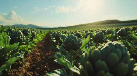 A vibrant artichoke field stretches under a bright sky, showcasing lush greenery and distant mountains. A perfect depiction of agricultural beauty.の素材