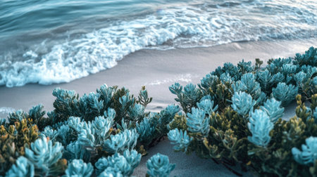 A serene coastal view showcasing vibrant succulents along the sandy beach, with gentle ocean waves lapping at the shore, creating a tranquil atmosphere.の素材