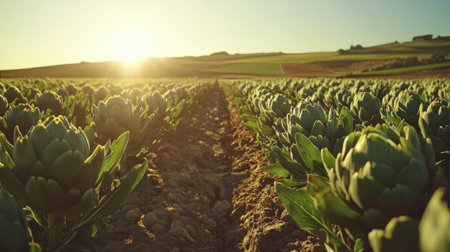 A serene view of sunlit artichoke fields stretches across the landscape. The golden hour casts a warm glow over vibrant green rows, showcasing agricultural beauty and tranquility.の素材