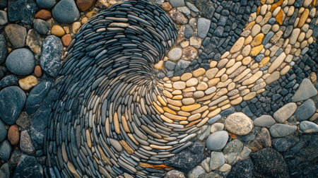 This image features an artistic arrangement of colorful stones creating a mesmerizing design pattern that showcases natural beauty and texture.の素材