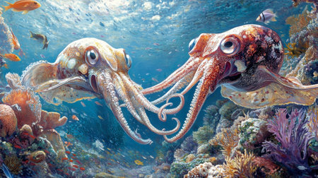 Dive into a stunning underwater scene showcasing two colorful squid engaging in playful interaction amidst a vibrant coral reef, teeming with marine life.の素材