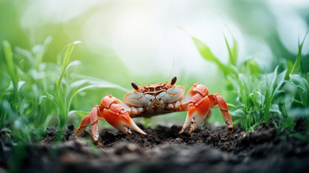 This close-up image showcases a vibrant red crab emerging from rich soil surrounded by green vegetation, capturing the essence of wildlife in a natural setting.の素材