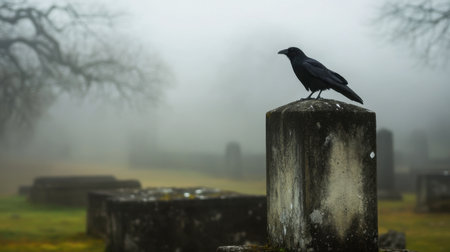 A lone raven sits atop a weathered tombstone, shrouded in a foggy cemetery. The scene evokes mystery and solitude, emphasizing themes of nature and mortality.の素材