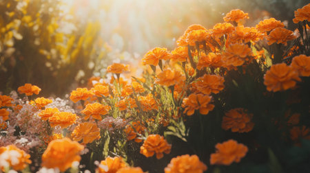 A breathtaking scene of vibrant orange marigold flowers blooming in a sunlit garden. The picturesque view offers a serene and colorful celebration of nature's beauty.の素材