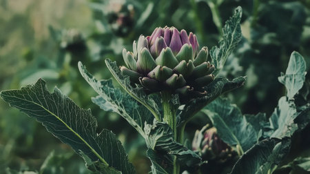 Close-up of a fresh artichoke plant featuring vibrant green leaves and a purple bud, representing healthy growth in a garden environment.の素材