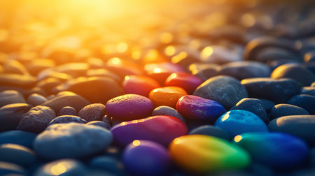 Vibrant and colorful smooth stones rest on a pebble beach, illuminated by warm sunset light. This serene outdoor scene captures the beauty of nature and tranquility.の素材