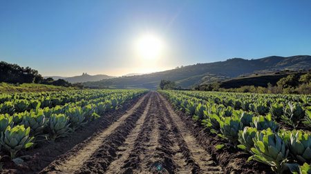 A picturesque farm landscape showcasing lush green crops under a bright sunrise, with rolling hills and a clear blue sky in the background, evoking tranquility and natural beauty.の素材