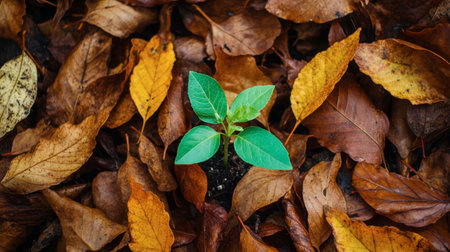 A vibrant green seedling surrounded by fallen autumn leaves, showing the contrast between new life and the changing seasons.の素材