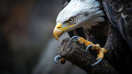 A close-up of a bald eagle's talons gripping a tree branch, showcasing its strength.の素材