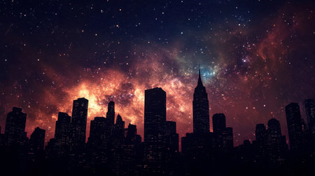 A cityscape at night with the galaxy visible above, stars shining brightly amidst the city's silhouette.の素材