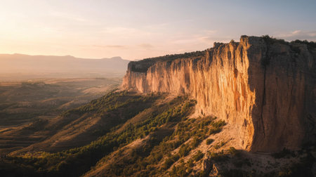 A high cliff bathed in the warm light of dawn, casting long shadows over the valley below.の素材
