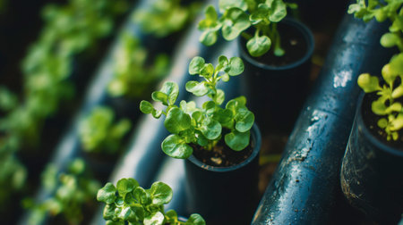 Seedlings growing in a vertical garden setup, illustrating urban gardening solutions with a modern, green lifestyle theme.の素材