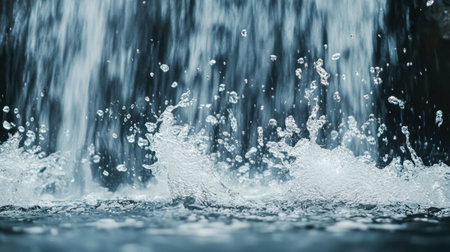 A close-up of a waterfall splashing into a pool, with water droplets frozen in mid-air for a dynamic effect.の素材