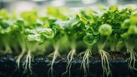 A close-up of healthy hydroponic green salad with roots suspended in nutrient-rich water, highlighting growth stages.の素材
