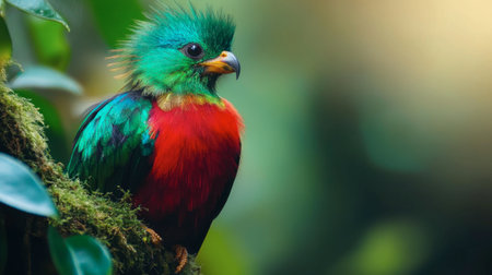 A colorful quetzal bird perched in the wild, showcasing its iridescent green and red plumage in a natural habitat.の素材