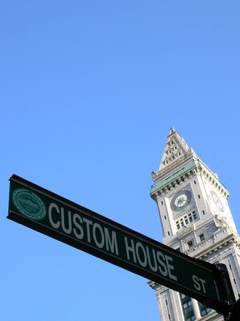 Custom House Tower and street sign, Boston.の写真素材
