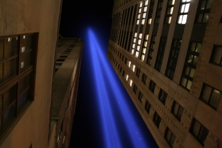 New York City, USA - September 11, 2012 - Tribute in Light over Lower Manhattan.のeditorial素材