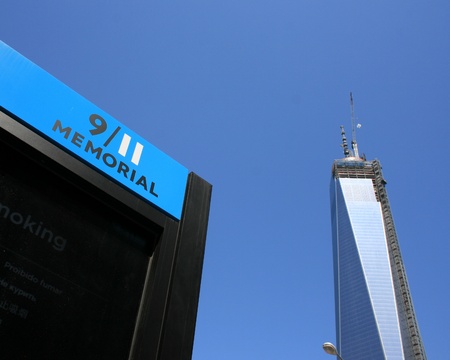 New York City, USA - April 27, 20013 - World Trade Center Tower One as seen from the 9/11 Memorial entrance.のeditorial素材