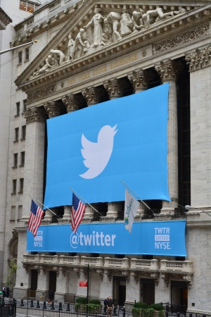 New York City, USA - November 7, 2013 - New York Stock Exchange banner marking Twitters IPO のeditorial素材