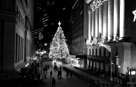 New York City, USA - December 14, 2014 - Christmas tree in front of the New York Stock Exchange.のeditorial素材