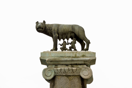 Ancient roman bronze of the she-wolf suckling Romulus and Remus, the traditional founders of Rome city and empire, Italyの写真素材