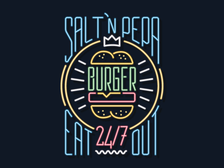 glowing neon sign for eating tasty burgers Vector illustration.のイラスト素材