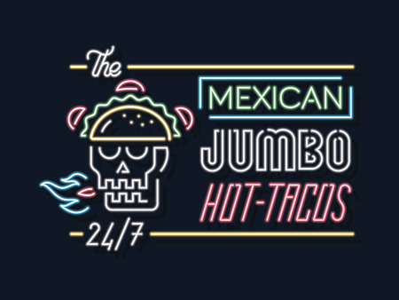 colorful neon sign about mexican hot food and tacos Vector illustration.のイラスト素材