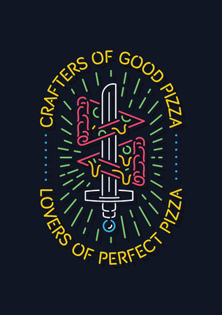 Colored vector neon illustration depicting a sword with two slices of gorgeous pizza.のイラスト素材