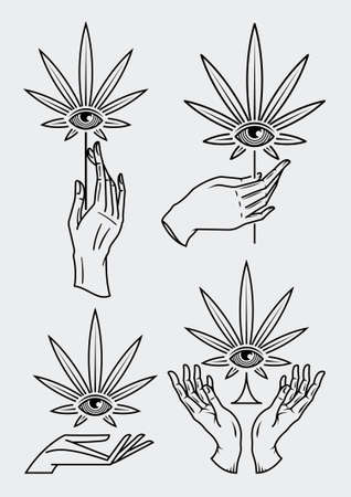 Collection of vector hands holding cannabis leafs that contain an eye at the center of it.のイラスト素材