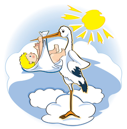 a stork holds a baby in a beakのイラスト素材