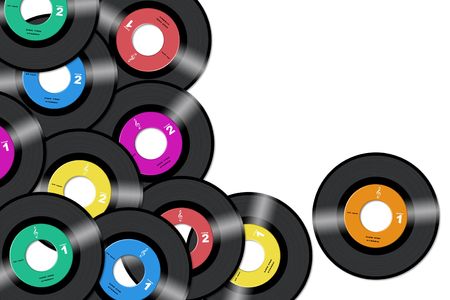 45rpm vinyl records with diferent label colors in white background