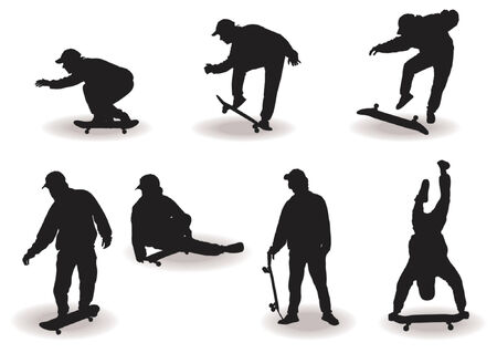 Skateboard boy silhouettes with different poses over white backgroundのイラスト素材