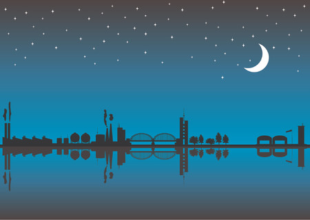 Silhouette buildings. Industrial city skyline by night with reflex.のイラスト素材
