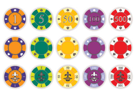 Three gambling, casino and poker chips set with five different colors over white backgroundのイラスト素材