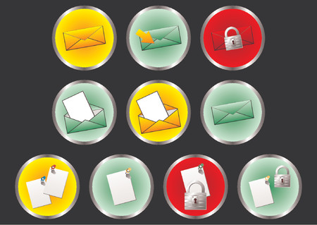 Suit of interface round buttons with different colors and internet forums theme over black backgroundのイラスト素材