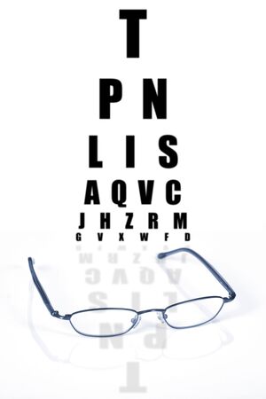 Glasses with reflection and test vision chart over white background