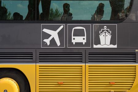Bus detail. Partial view.Informative signs on a passenger bus.の写真素材