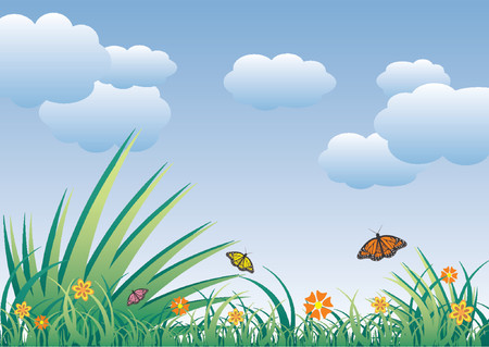 Spring field full of flowers and flying butterflies over cloudy blue skyのイラスト素材