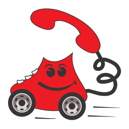 Cartoon of a classic red phone on wheels over white backgroundのイラスト素材