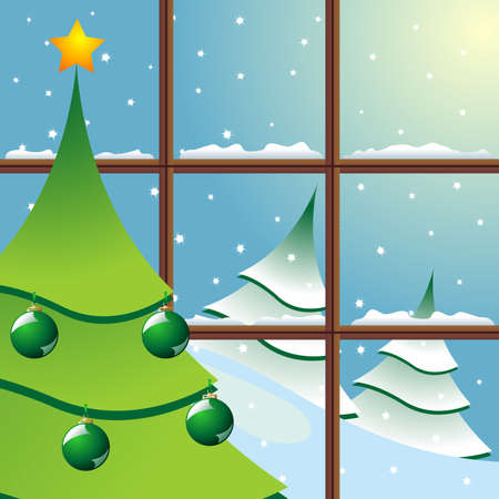 Christmas tree near window. Snowing outsideのイラスト素材